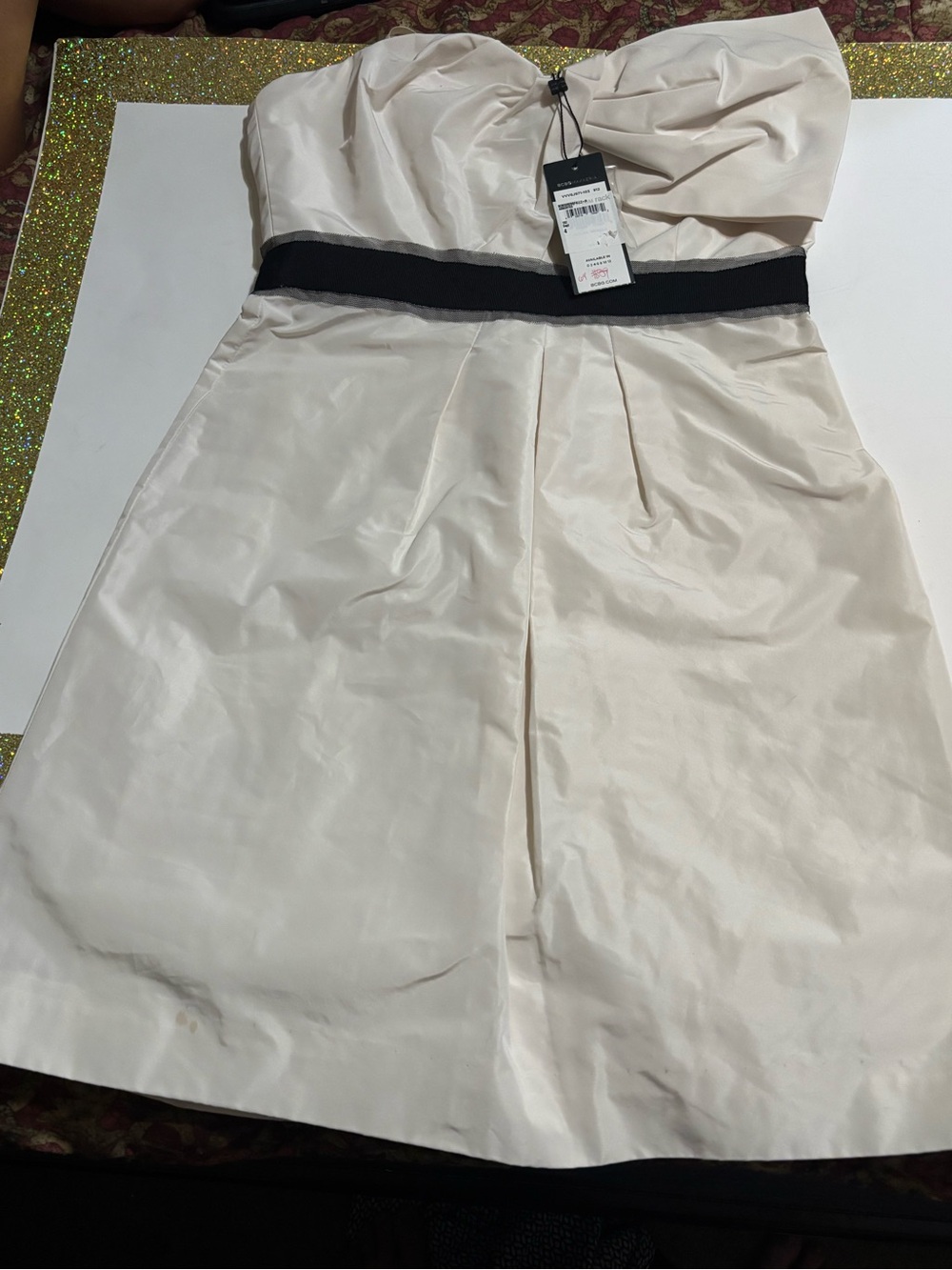 Strapless Cream Party Dress with Black Waistband